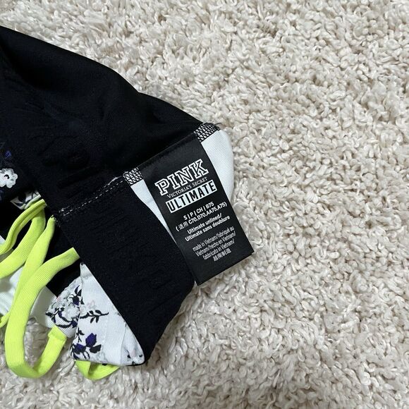 Victoria's Secret PINK Ultimate Small Floral Neon Yellow Lace Up Sports Bra - Picture 7 of 8
